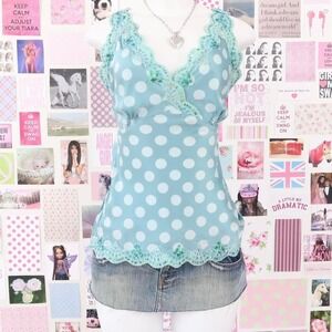 oasis blue polka dot sequin lace 100% silk cami size medium